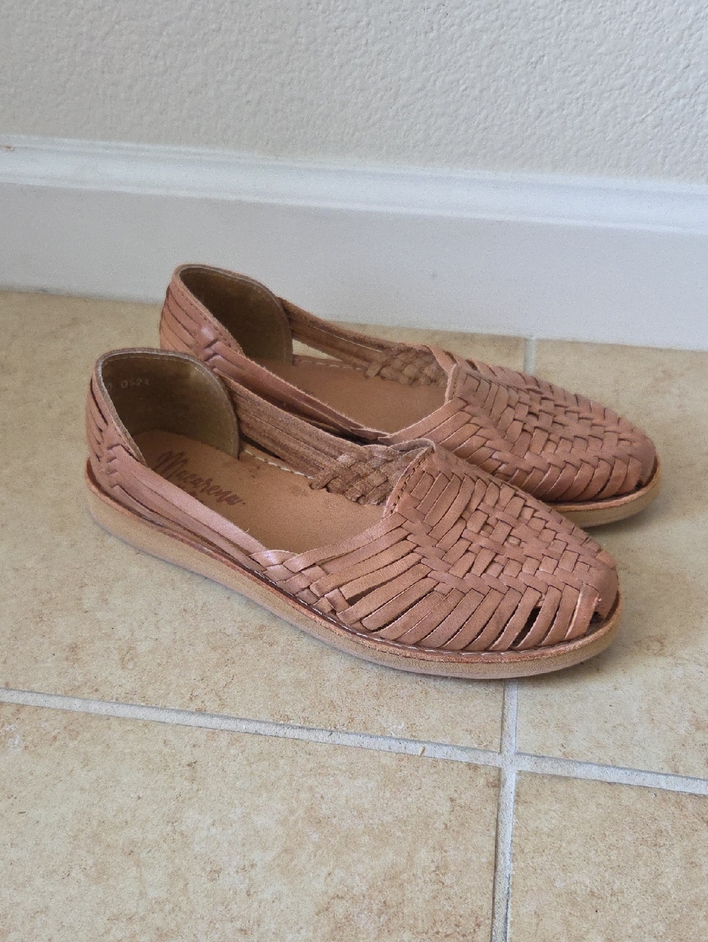 Macarena Huarache Sandal Woven Leather Slip-On Flats Blush Tan Sz 6 Boho Retro